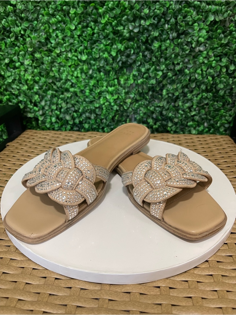 Crystal Braided Slide Sandals in Nude - Women